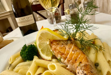Salmon Fettuccine - Lunch and Dinner at The Andersen's in Santa Barbara