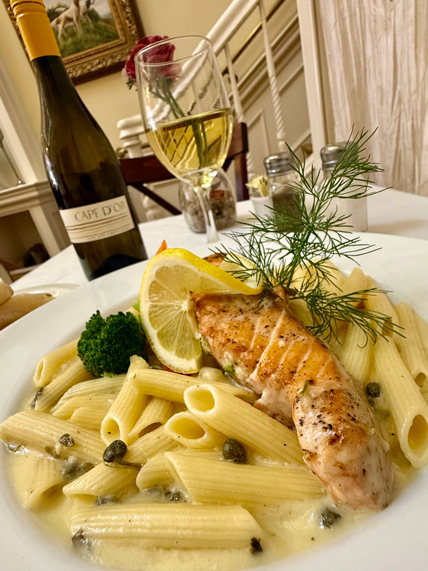 Salmon Fettuccine - Lunch and Dinner at The Andersen's in Santa Barbara