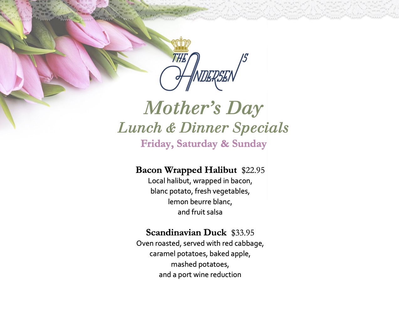 Mother's Day Lunch and Dinner Specials at The Andersen's in Santa Barbara