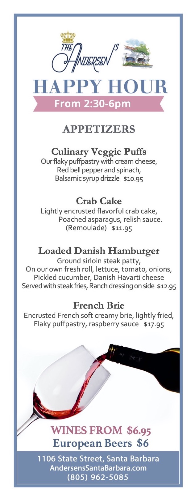 Happy Hour Food Menu - The Andersen’s Danish Bakery & Restaurant 1106 State Street Santa Barbara