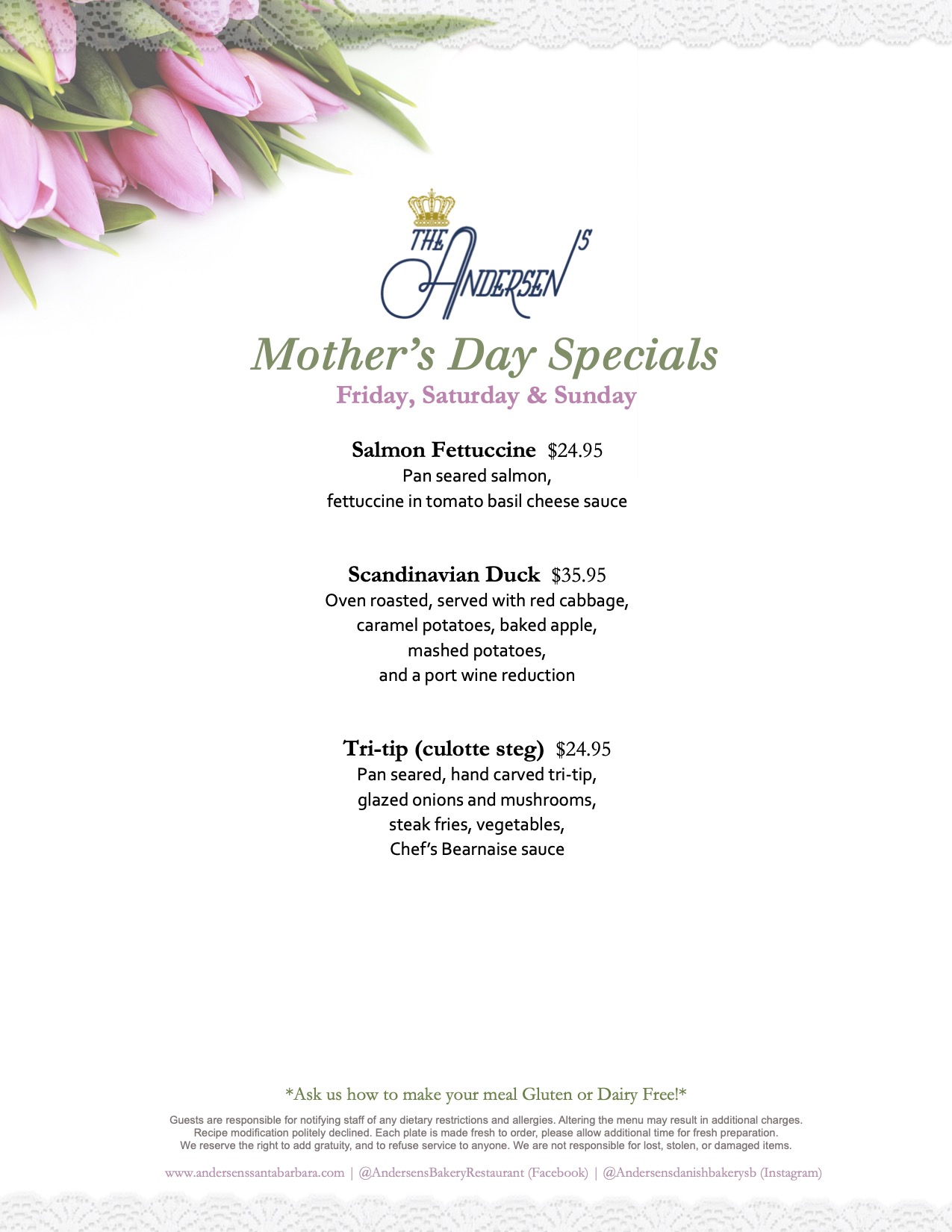 Mother's Day Lunch Specials Menu - Andersen's in Santa Barbara