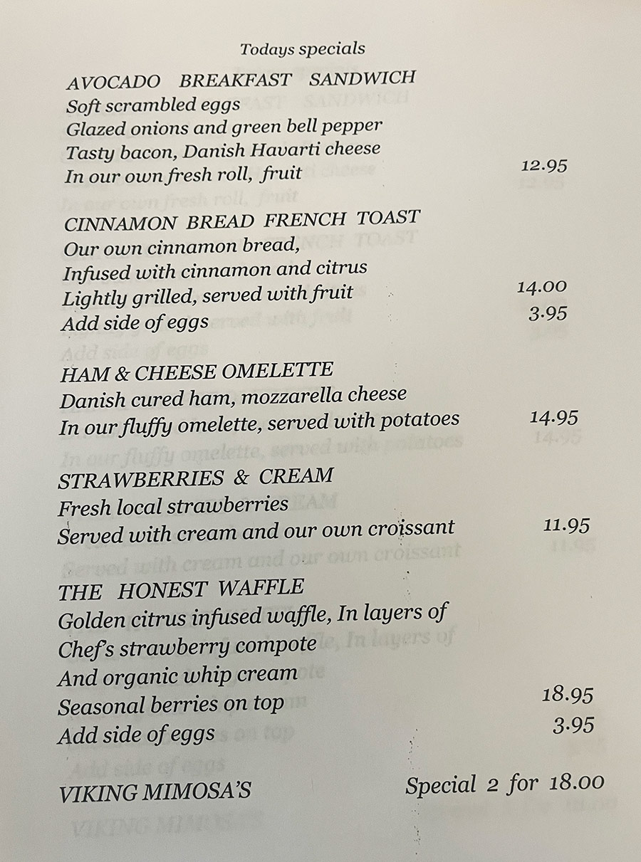 Breakfast Special Menu July 9, 2026